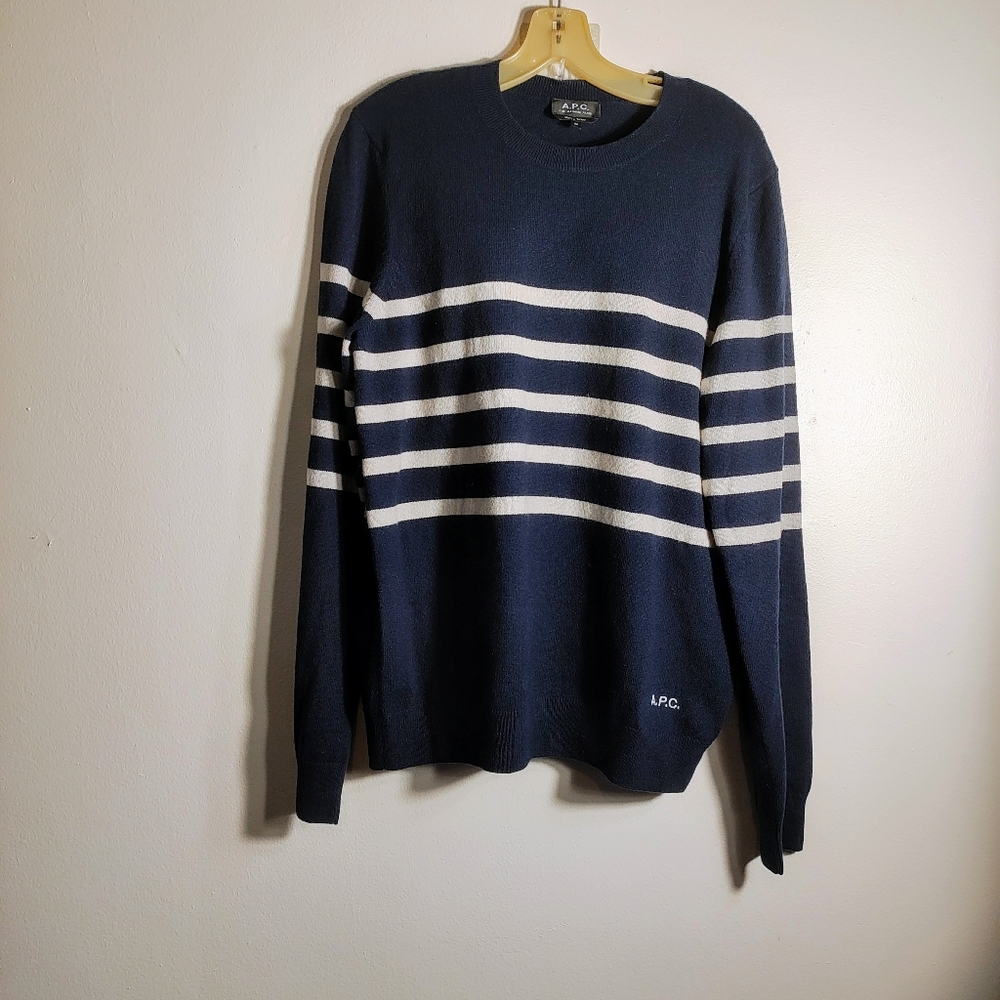 A.P.C. Men's Matthew Stripe Cashmere Cotton Dark Navy Crewneck Sweater Medium